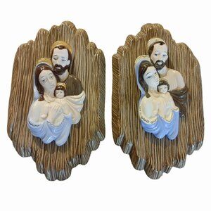 Wall Plaques Vintage 1979 The Holy Family In Ceramic Brown Blue Tones Religious
